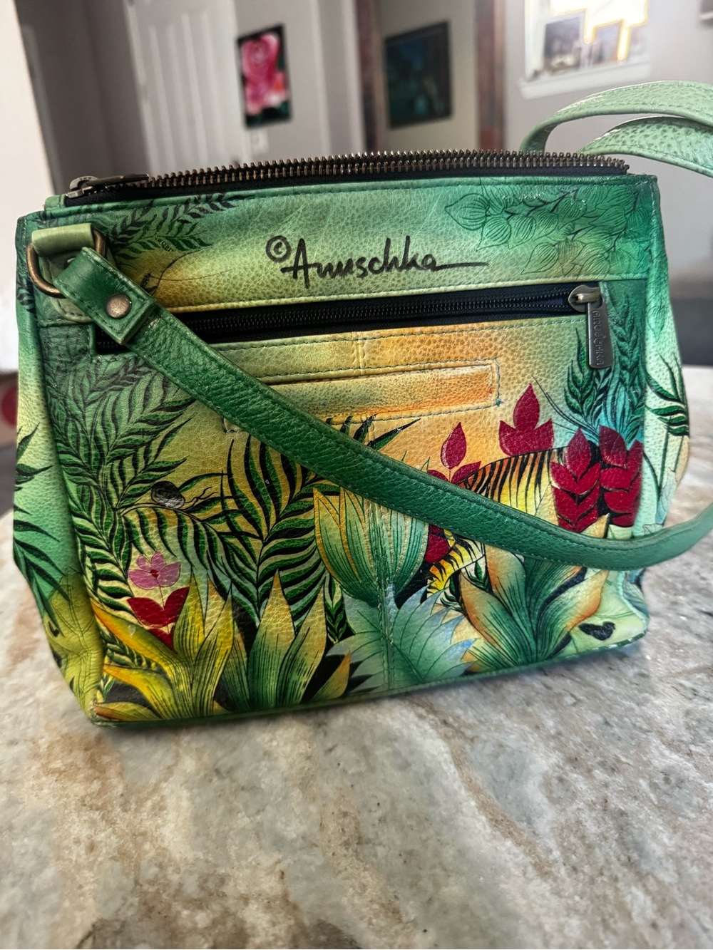 Anuschka Hand-Painted Jungle Print Green Wristlet Pouch - Picture 5 of 11